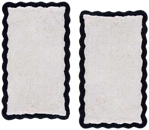 SAFAVIEH Plush Master Bath Collection – Ziggy Blue & White Scalloped Border Bath Mat Set of 2, 21" x 34", Cotton with Non-Slip Backing (PMB912A-2134-SET2)