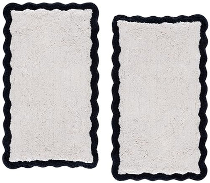 SAFAVIEH Plush Master Bath Collection – Ziggy Blue & White Scalloped Border Bath Mat Set of 2, 21" x 34", Cotton with Non-Slip Backing (PMB912A-2134-SET2)