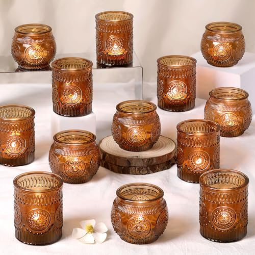 24Pcs Amber Votive Candle Holders - Vintage Glass Candle Holder, Candle Holders Bulk for Wedding & Home Decoration, Tea Lights Candle Holders for Festival Party Gift - color: Amber, size: 24 PCS