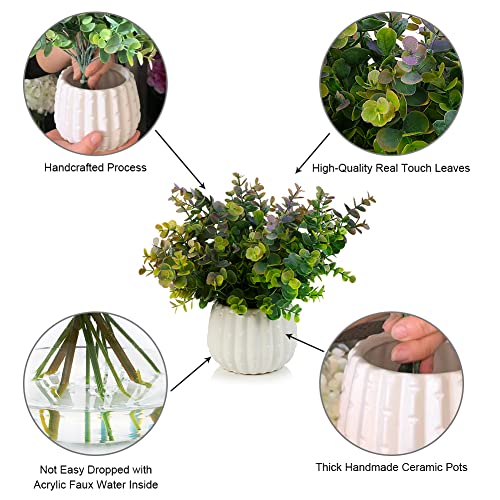 Potted Plants Artificial Decor, Artificial Eucalyptus Plants in White Ceramic Pots, Small Potted Fake Plants for Decorations