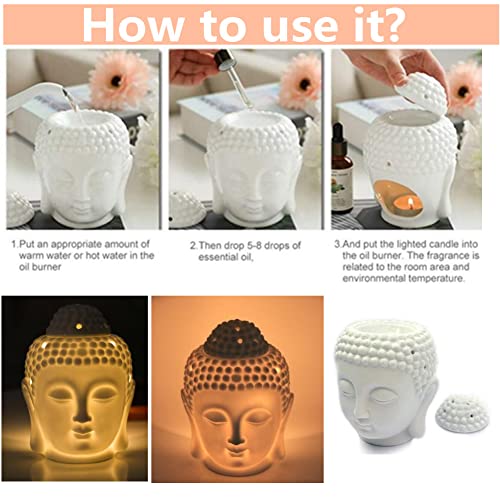 Ceramic Buddha Head Essential Oil Burner with Candle Spoon for Yoga Spa Bedroom Home Decoration, Aromatherapy Wax Melt Burners Oil Diffuser Tealight Candle Holder (Black)