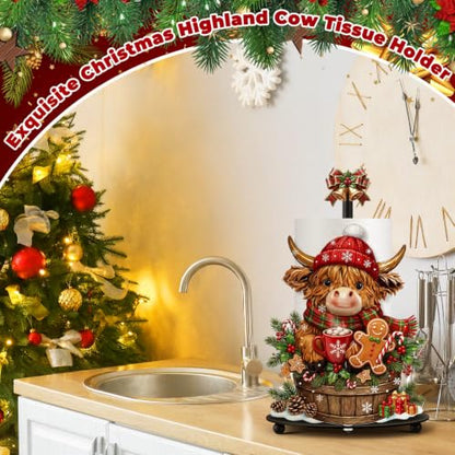 Highland Cow Christmas Paper Towel Holder with Round Base Christmas Bathroom Decor Rustic Highland Cow Dispenser Kitchen Paper Holder Stand for Countertop Toilet Home Accessories - style: Gingerbread Christmas