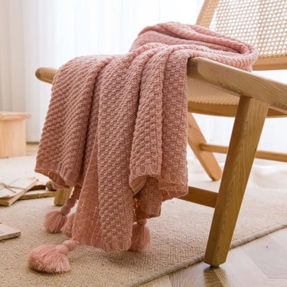 Waffle Knitted Blanket with Pom Pom Tassels,Throw for Bed Couch (Dark Gray 28 * 102in) - color: Dark Gray, size: 28*102in