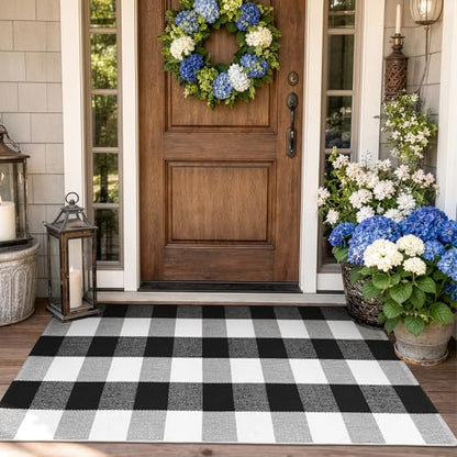 KIMODE Buffalo Plaid Outdoor Rug Runner Doormat 24'' x 51", Black/White Cotton Woven Checkered Fall Farmhouse Porch Rugs, Washable Indoor Door Mat for Front Layered Kitchen Bathroom Laundry Room | Checkered，Black and White,24"x51",Fall Farmhouse，Woven，Was
