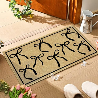 Black Bow Mat Cute Welcome Mat for Inside Outside Entrance Girl Bedroom Rug - color: Bows Black