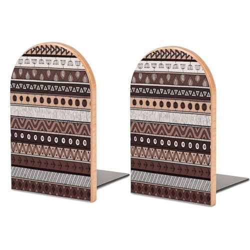 Personalized Wood Book Ends Metal Base Tribal Geometric Stripes Printing Bookend Modern Heavy Duty Bookends for Home Or Office 1 Pair - color: Tribal Geometric Stripes