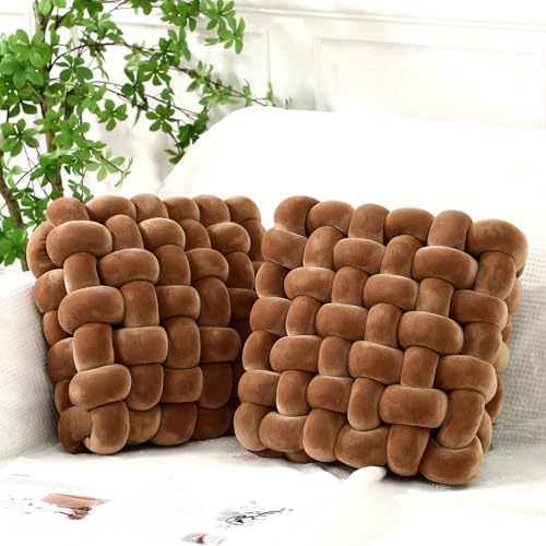 Wenqik 2 Pcs Knot Pillows Square Knotted Plush Throws Soft Accent Pillows Decoration Cushion for Couch Home Office Living Room Bedroom Bed Sofa Decor, 12'' x 13''(Brown,Crystal Velvet) - color: Brown