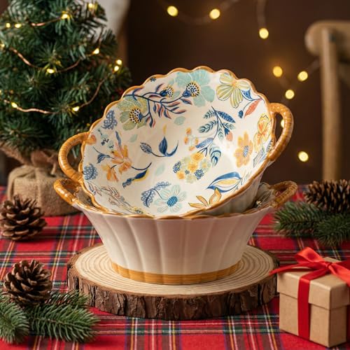 Floral Ceramic Soup Bowls with Handles Set of 2, 20 oz, 7.5 Inch | Floral soup bowls with handles for soup, chili, cereal and baked dishes; wide mouth, oven, microwave and dishwasher safe.