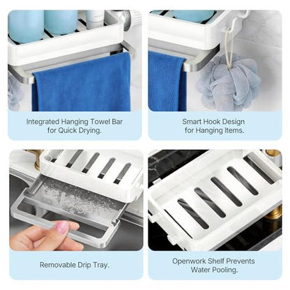 Sink Caddy Kitchen Sink Organizer, 360° Rotating Faucet Sponge Holder for Kitchen Sink with Pull-Out Drain Tray 3 Compartments Hanging Sink Caddy for Sponge Dish Brush Cloth,White