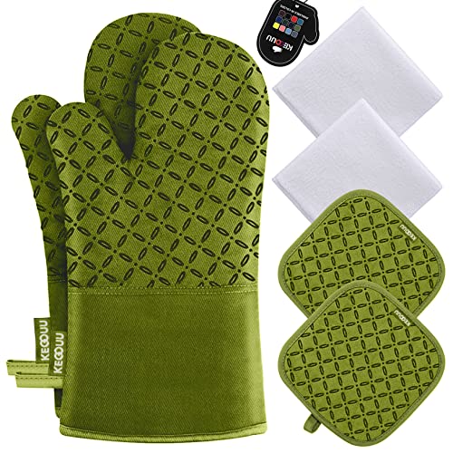 KEGOUU Oven Mitts and Pot Holders 6pcs Set, Kitchen Oven Glove High Heat Resistant 500 Degree Extra Long Oven Mitts and Potholder with Non-Slip Silicone Surface for Cooking (Olive Drab) - color: Olive Drab