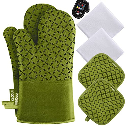 KEGOUU Oven Mitts and Pot Holders 6pcs Set, Kitchen Oven Glove High Heat Resistant 500 Degree Extra Long Oven Mitts and Potholder with Non-Slip Silicone Surface for Cooking (Olive Drab) - color: Olive Drab
