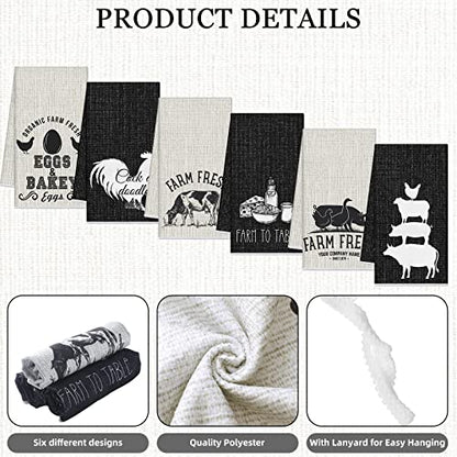 Redbaker 6 Pcs Farm Animal Kitchen Towels Farmhouse Funny Dish Towel | Rustic Hand Towel Rooster Cow Pig Decorative Tea Dishcloth Absorbent with Hanging Loop for Kitchen Bathroom Housewarming Gift - style: Farm