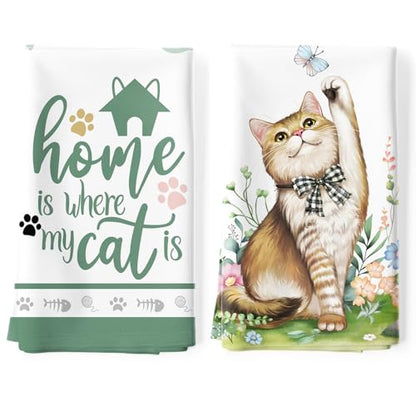 Cute Cat Tea Towels, 100% Cotton Kitchen Towels, Set of 2 | 18.9 x 27.5 in / 48 x 70 cm, Lightweight Woven Dish Cloth, Cat Lover Gifts, Kitchen Decor, Housewarming Gift - color: Cat