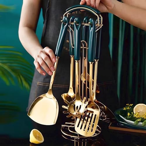 Stainless Steel Gold Kitchen Utensils Set with Holder, 7pcs Luxury Kitchen Accessories for Cooking Includes Soup Ladle, Metal Spatula, Slotted Spoon, Slotted Spatula, Pasta Spoon, Green & Gold - color: Green & Gold