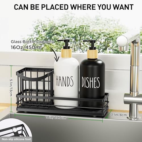 Moforoco Kitchen Dish Soap Dispenser Set, 16OZ Glass Bottle, Hand and Dish Soap Dispenser Set, Instant Dry Tray, Brush Holder with Smiley Face Sponge Holder (Universal Black Tray+Black&White Bottle) - color: Universal Black Tray+black&white Bottle