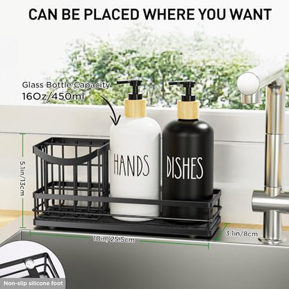 Moforoco Kitchen Dish Soap Dispenser Set, 16OZ Glass Bottle, Hand and Dish Soap Dispenser Set, Instant Dry Tray, Brush Holder with Smiley Face Sponge Holder (Universal Black Tray+Black&White Bottle) - color: Universal Black Tray+black&white Bottle