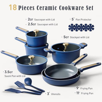 CAROTE Ceramic Cookwar Set, Pots and Pan Set Non Stick 18 Piece, Cookware Set Kitchen Cooking Set Non Toxic, PFAS PTFE Free, Blue