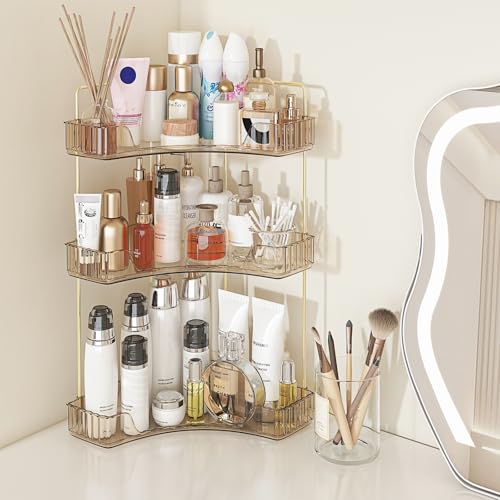 Webetop 3 Tier Corner Bathroom Organizer Countertop for Skincare & Dresser | Multi-Purpose For Toiletries/Perfume, Easy Wipe-Clean Surface, Stable Triangular Base, Generous Shelf Depth, Modern Look - color: Amber, size: 3 Tier without brush holder