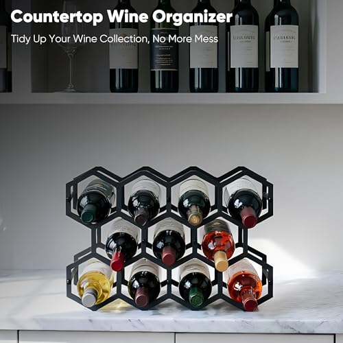 3-Tier Hexagon Metal Countertop Wine Rack, 11 Bottles Tabletop Wine Bottle Holder Stand for Cabinet Pantry, Indoor Outdoor Home Bar Storage Organizer - size: 3-Tier Hexagon Black