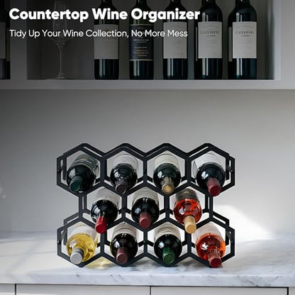 3-Tier Hexagon Metal Countertop Wine Rack, 11 Bottles Tabletop Wine Bottle Holder Stand for Cabinet Pantry, Indoor Outdoor Home Bar Storage Organizer - size: 3-Tier Hexagon Black