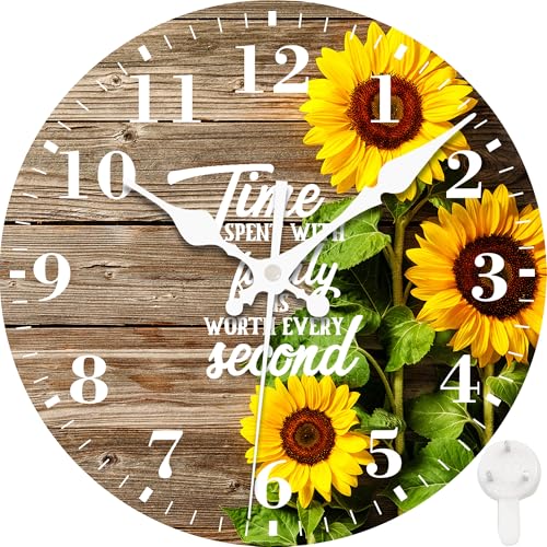 Wall Clocks Battery Operated, Retro Sunflowers on Wooden Board Silent Non Ticking Decorative Indoor Outdoor Wall Clocks for Living Room Kitchen Bedroom Bathroom 12" - color: Retro Sunflowers on Wooden Board