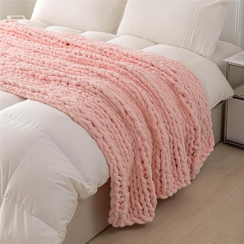 Chunky Knit Blanket Throw 51"×63" for Couch Pink | 100% Handmade Knitted Throw Blanket Fluffy Soft Blanket with Jumbo Chenille Yarn Thick - color: Pink, size: 50"*60"