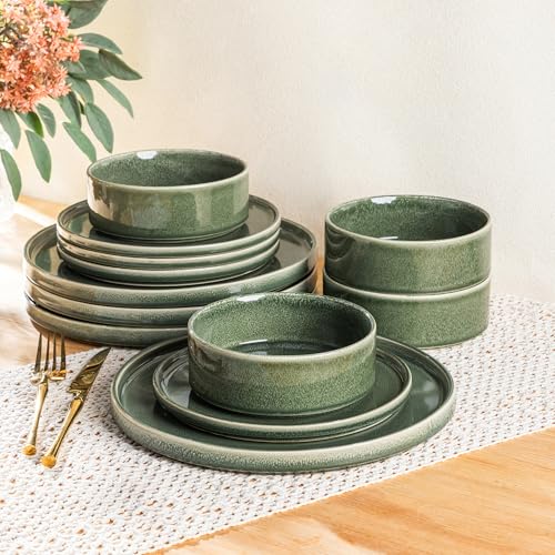 AmorArc Ceramic Dinnerware Sets for 4,12 Piece Plates and Bowls Sets Dishes | Stoneware Handmade Reactive Glaze Dishes Set | Highly Chip and Crack Resistant | Dishwasher & Microwave Safe - color: Jade Green, size: Service for 4