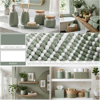 Bathroom Rugs Sets 3 Piece, Toilet Rugs U-Shaped Contour Bath Mat Set, Striped Absorbent Non Slip Chenille Shower Mat, Greyish Green - color: Greyish Green, size: 20"x32"+16"x24"+U Shape 20"x24"