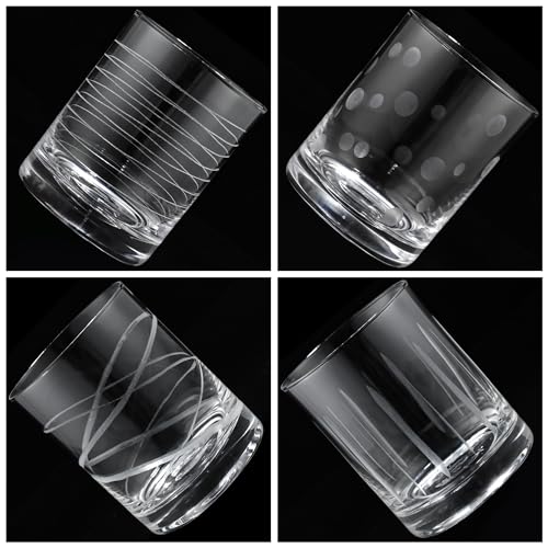 Joeyan Hand Blown Etched Whiskey Glasses,Old Fashioned Tumblers with Stripes Dots Pattern,Clear Carved Rocks Glasses,Scotch Bourbon Glassware for Party Anniversary,13.5 oz,Set of 4,Dishwasher Safe - color: Etched Dots Swirls Strips Patterned Whiskey Glass