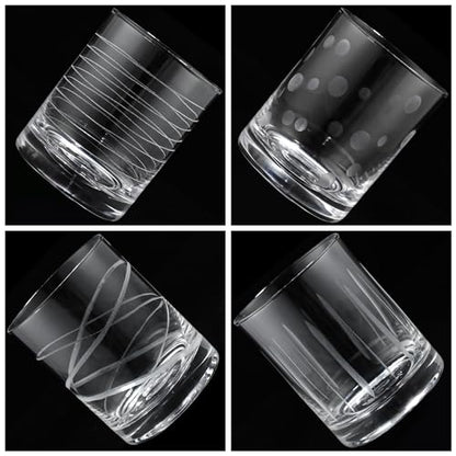 Joeyan Hand Blown Etched Whiskey Glasses,Old Fashioned Tumblers with Stripes Dots Pattern,Clear Carved Rocks Glasses,Scotch Bourbon Glassware for Party Anniversary,13.5 oz,Set of 4,Dishwasher Safe - color: Etched Dots Swirls Strips Patterned Whiskey Glass