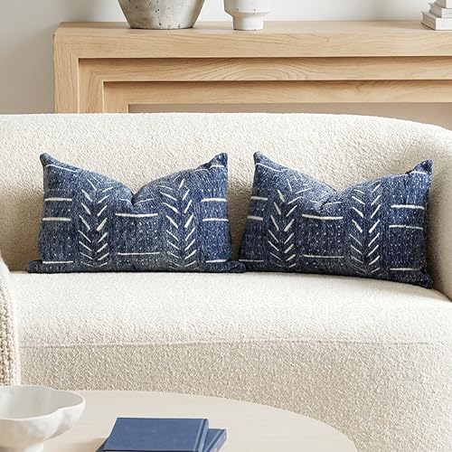 Decorative Lumbar Pillow Covers 12x20 Set of 2, Blue Soft Woven Chenille Accent Pillow Covers for Couch Sofa Bed, Textured Farmhouse Cushion Covers - color: Dark Blue, size: 20" x 12" (Pack of 2)