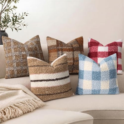 decorUhome Soft Plush Faux Wool Throw Pillow Covers 20X20 Inch Set of 2, Beige, Boucle Plaid Check Faux Fur Throw Pillow Covers 20x20 Inch Set of 2, Autumnal