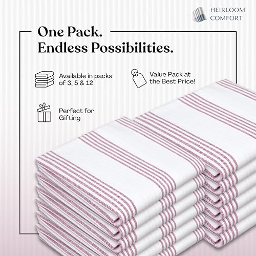 Burgundy Striped Kitchen Dish Towels (3-Pack), Quick Dry, 18"x26", Ultra Absorbent & Durable, 100% Cotton Multi Pin Stripe Towels for Drying Dishes, Wiping, and Daily Kitchen Cleanup - color: Burgundy Wine / Maroon, style: 3 Pack