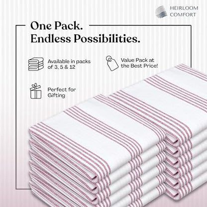 Burgundy Striped Kitchen Dish Towels (5-Pack), Quick Dry, Ultra Absorbent & Durable, 100% Cotton Multi Pin Stripe Towels for Drying Dishes, Wiping, and Daily Kitchen Cleanup - color: Burgundy Wine / Maroon, style: 5 Pack