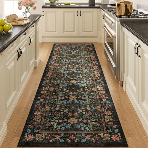 DUKINO 2.6x8 Runner Rug, Washable Vintage Floral Kitchen Rug, Black | Non Slip, Low Pile, Non-Shedding, Stain Resistant, Soft Throw Carpet Runner for Hallway Bathroom Laundry Entryway Farmhouse - color: Black, size: 2'6" x 8' (Rectangular)
