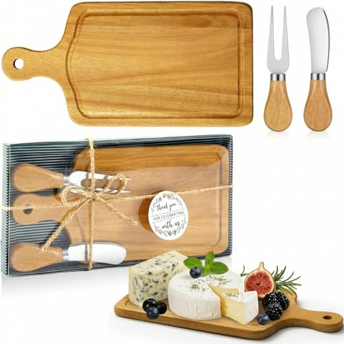 1 Set Bridal Baby Shower Cheese Prizes Wooden Square Board Gift Set Knives Forks Thank You Tags with Box for Guests for Valentines Bridal Baby Shower Housewarming (Teak Wood) - color: Teak Color
