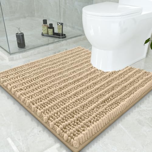 Smiry Bathroom Toilet Rugs U Shaped 24x24, Chenille Bath mats for Toilet | Beige Extra Soft Absorbent Non Slip Rubber Backing Contour Bath Rugs for Toilet, Machine Washable Contoured Bath Mats - color: Beige, size: 24'' X 24''