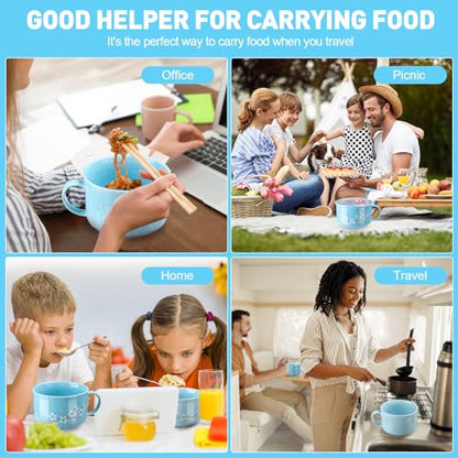 2 Pcs 30 oz Ceramic Soup Bowl with Lid and Handle Snow Flake Blossoms Cherry Pattern Microwave Soup Mug Instant Noodles Cup,2 Sets Stainless Utensils Fork Spoon Chopsticks with Case(Blue) - color: Blue