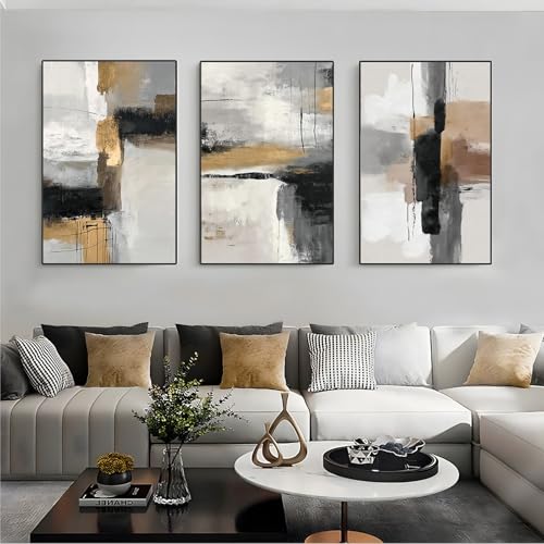 Neutral Abstract Wall Art Set of 3 Framed Canvas Prints, 16x24 Inch Modern Beige Black Abstract Paintings with Gold Accents, Minimalist Wall Decor for Living Room Bedroom Dining Room, Metal Frame Ready to Hang - color: Neutral Textures, size: 24"L X 16"W