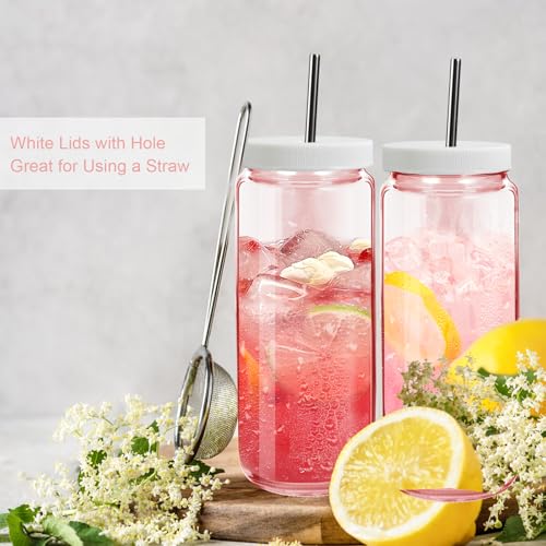 Ruckae Pink 16oz 10 Pack Juice Bottles, Glass Bottles Juicing with Lids, Smoothie Cup Lids and Straws, Water Bottle Mason Jar Drinking Glasses for Juicing, Smoothies, Kombucha - color: Pink, size: 16oz-10pack