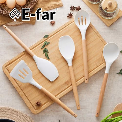 E-far Silicone Cooking Utensils Set, 446℉ Heat Resistant 10PCS Kitchen Utensils Set with Wooden Handle for Nonstick Cookware, Kitchen Tools Spatula Whisk Tongs Ladle, Non-toxic & Healthy, White - color: White, size: 10
