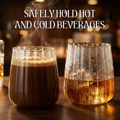 Hand Blown Stemless Wine Glasses Set of 4, 17 oz Borosilicate Glasses with Vertical Ribbed Interior, Lead-Free, Dishwasher Safe, for Red or White Wine and Cocktails