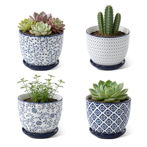 Ceramic Indoor Plant Pots - 5.6 Inch Flower Pots for Plants with Drainage Hole and Saucer, Garden Pots for Succulent, Orchid, Cactus, Herbs, Outdoor Plants, Home Decor, Set of 4, Vintage Blue - size: 5.6 Inch