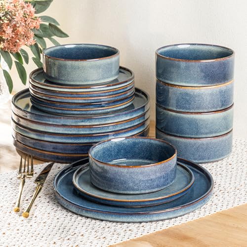AmorArc Ceramic Dinnerware Sets for 6,18 Piece Plates and Bowls Sets Dishes | Stoneware Handmade Reactive Glaze Dishes Set | Highly Chip and Crack Resistant | Dishwasher & Microwave Safe - color: Ceylon Blue, size: Service for 6