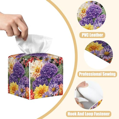 Hydrangea and Dahlia Flower Tissue Box Cover Square, Daisy Tissue Box Holder with Bottom Belt Leather Facial Paper Organizer Dispenser for Bathroom Bedroom Dresser Night Stand Tabletop - color: Hydrangea and Dahlia Flower