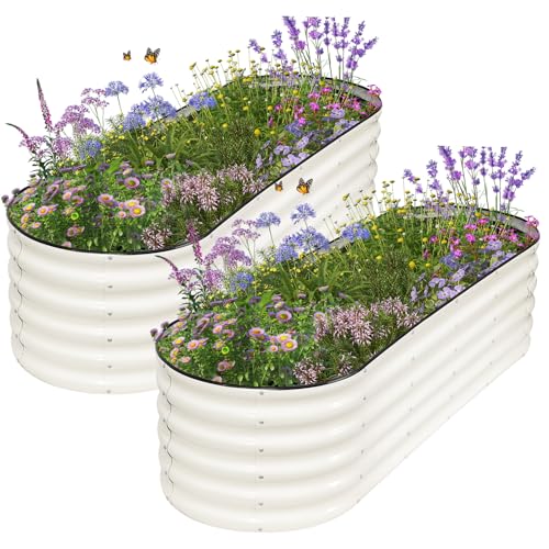 Galvanized Raised Garden Bed - 2 Pcs 6x2x1.4FT Planter Box, White | Raised Beds for Gardening Outdoor, Metal Flower Bed, Steel Raised Garden Bed Kit with Gloves for Vegetables, Flower, Herbs - color: White, size: 6x2x1.4ft