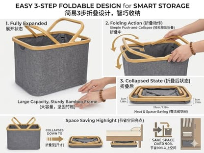 Bamboo Storage Basket with Handles, 45L Large Open-Top Fabric Organizer Bin for Blankets, Toys, Towels and Closet Shelves, Gray, 16.5 x 13.6 x 12.2 In