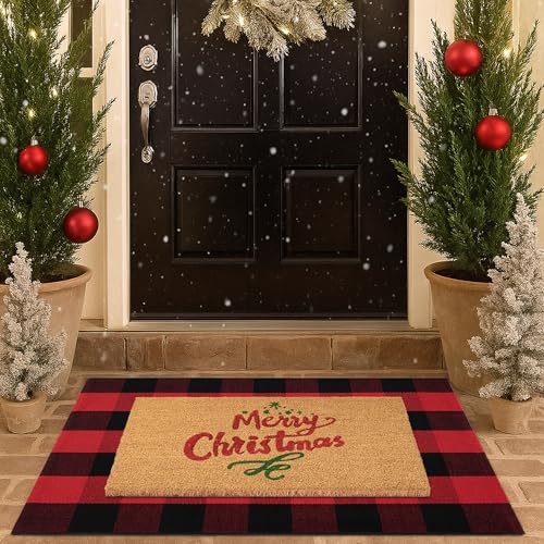 Christmas Door Mat Combo Set - 100% Coco Coir Welcome Mat + 28 x 43 Inch Red and Black Plaid Rug, New Year Holiday Christmas Collection Doormat for Front Porch Entryway Decor
