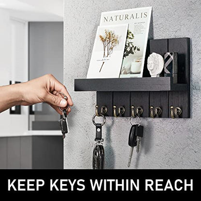 Rebee Vision Key Holder for Wall Set : 10'' Key Rack with 5 Metal Hooks and 13'' Mail Organizer Basket with 6 Key Hooks, Wooden Key Hanger with Mounting Hardware for Bags, Coats, Letters - Black