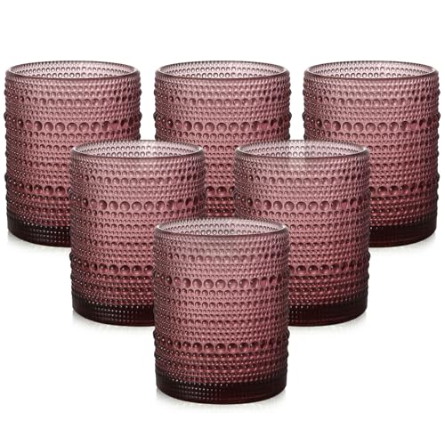 ZMOWIPDL Drinking Glasses Set of 6,12oz Purple Hobnail Glass Cups | Vintage Glassware，Embossed Water Tumbler,for Beer,Cocktail,Whiskey,Juice and Various Mixed Drinks- 1 Cleaning Brush - color: Purple